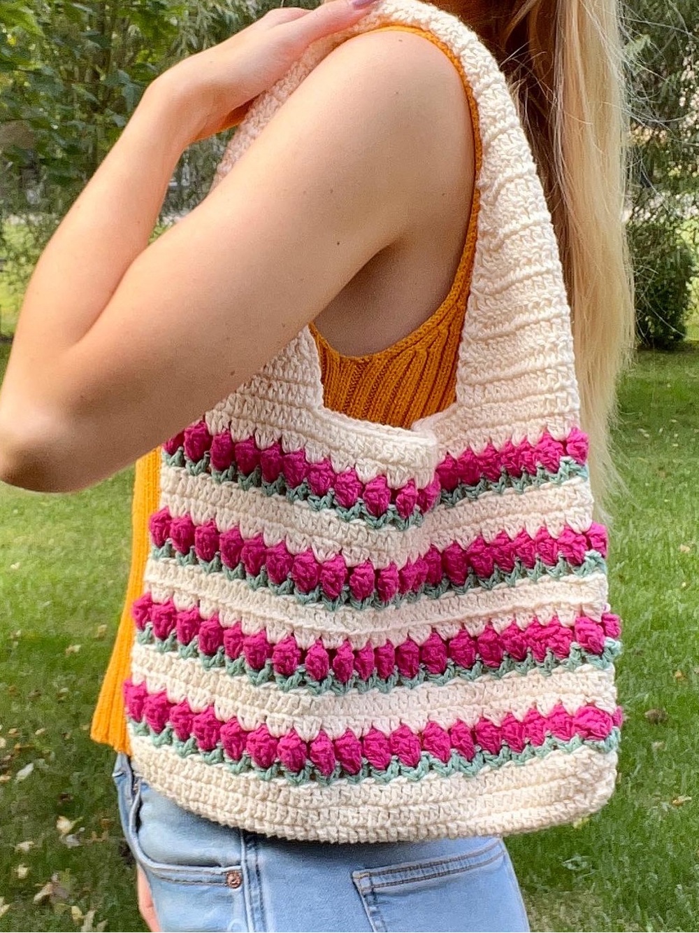 Handmade Cream & Pink Crochet Shoulder Bag